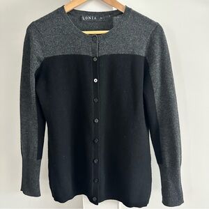 Lonia  Black & Grey Crewneck Lightweight Cashmere Cardigan Womens sz Med